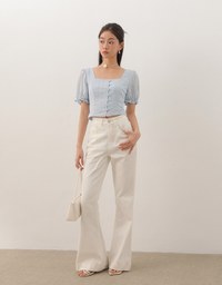 Textured Stripe Puff Sleeve Cropped Top with Decorative Buttons