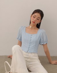 Textured Stripe Puff Sleeve Cropped Top with Decorative Buttons