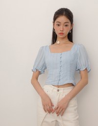 Textured Stripe Puff Sleeve Cropped Top with Decorative Buttons