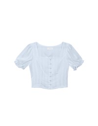 Textured Stripe Puff Sleeve Cropped Top with Decorative Buttons