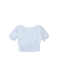 Textured Stripe Puff Sleeve Cropped Top with Decorative Buttons