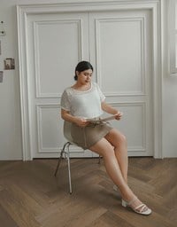 Faux 2 Piece Layered Mesh Short Sleeve Top with Soft Knit Texture