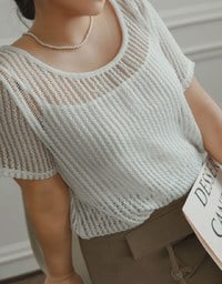 Faux 2 Piece Layered Mesh Short Sleeve Top with Soft Knit Texture