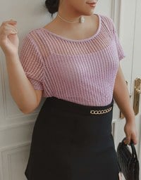 Faux 2 Piece Layered Mesh Short Sleeve Top with Soft Knit Texture