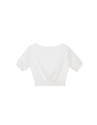 Ruched Waist Textured Stripe V Neck Cropped Top with Puff Sleeves