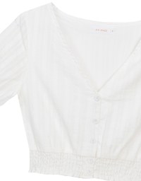 Ruched Waist Textured Stripe V Neck Cropped Top with Puff Sleeves