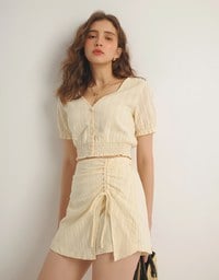 Ruched Waist Textured Stripe V Neck Cropped Top with Puff Sleeves