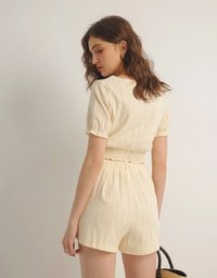 Ruched Waist Textured Stripe V Neck Cropped Top with Puff Sleeves