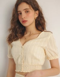 Ruched Waist Textured Stripe V Neck Cropped Top with Puff Sleeves