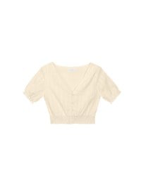 Ruched Waist Textured Stripe V Neck Cropped Top with Puff Sleeves