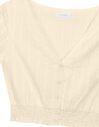 Ruched Waist Textured Stripe V Neck Cropped Top with Puff Sleeves