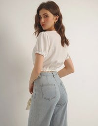 Textured Puff Sleeve V Neck Cropped Top with Ruched Hem