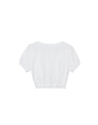 Textured Puff Sleeve V Neck Cropped Top with Ruched Hem