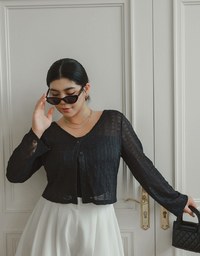 Sheer Daisy Embossed Knit V Neck Cardigan