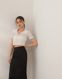 Sheer Knit Cropped Shirt with Heart Buttons and Lapel Collar
