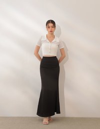 Sheer Knit Cropped Shirt with Heart Buttons and Lapel Collar