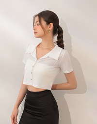 Sheer Knit Cropped Shirt with Heart Buttons and Lapel Collar