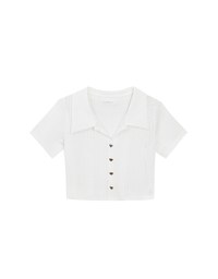 Sheer Knit Cropped Shirt with Heart Buttons and Lapel Collar