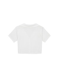 Sheer Knit Cropped Shirt with Heart Buttons and Lapel Collar