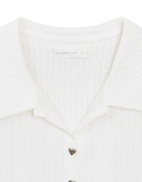 Sheer Knit Cropped Shirt with Heart Buttons and Lapel Collar