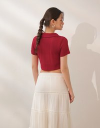 Sheer Knit Cropped Shirt with Heart Buttons and Lapel Collar