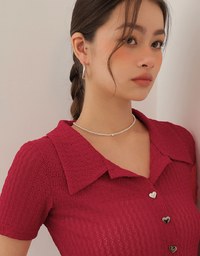 Sheer Knit Cropped Shirt with Heart Buttons and Lapel Collar