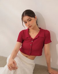 Sheer Knit Cropped Shirt with Heart Buttons and Lapel Collar