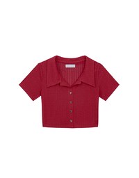 Sheer Knit Cropped Shirt with Heart Buttons and Lapel Collar