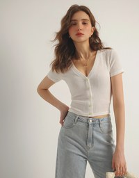 Vネック×ヒトデボタン リブニットトップス
