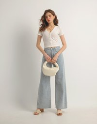 Vネック×ヒトデボタン リブニットトップス