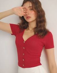 Vネック×ヒトデボタン リブニットトップス