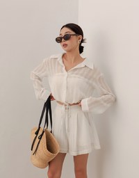 Sheer Gingham Bubble Long Sleeve Blouse with Drawstring Hem