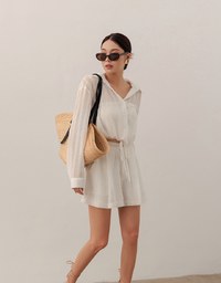 Sheer Gingham Bubble Long Sleeve Blouse with Drawstring Hem