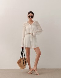 Sheer Gingham Bubble Long Sleeve Blouse with Drawstring Hem
