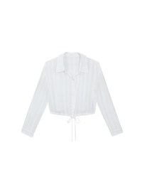 Sheer Gingham Bubble Long Sleeve Blouse with Drawstring Hem