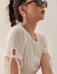 Sheer Stripe Texture Ribbed Top with Drawstring Cuff Sleeves Detail