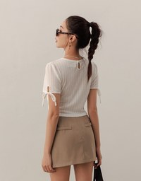Sheer Stripe Texture Ribbed Top with Drawstring Cuff Sleeves Detail
