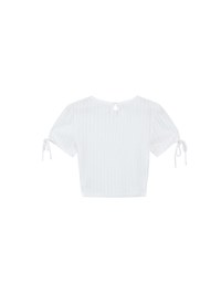 Sheer Stripe Texture Ribbed Top with Drawstring Cuff Sleeves Detail