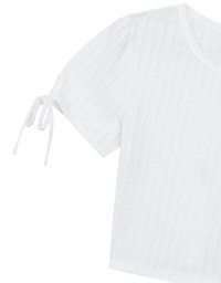 Sheer Stripe Texture Ribbed Top with Drawstring Cuff Sleeves Detail