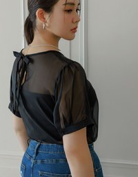 Puff Sleeve Transparent Mesh Top with Elegant Ribbon Back Design