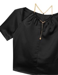 Soft Chiffon Cold Shoulder Top with Gold Chain Trim