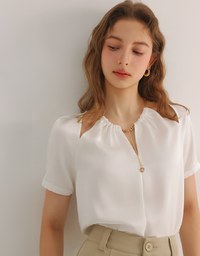 Soft Chiffon Cold Shoulder Top with Gold Chain Trim