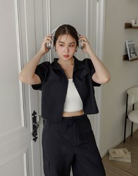 Soft Crinkle Fabric Cropped Shirt with Front Flap Pockets