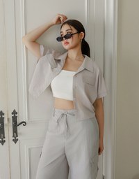 Soft Crinkle Fabric Cropped Shirt with Front Flap Pockets