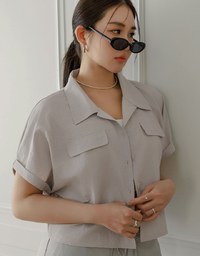 Soft Crinkle Fabric Cropped Shirt with Front Flap Pockets