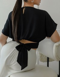 V領抓皺收腰後綁帶連袖上衣