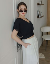 V領抓皺收腰後綁帶連袖上衣