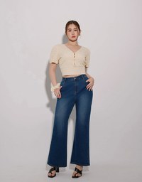 V Neck Gingham Crop Blouse with Puff Sleeves and Smocked Waistband