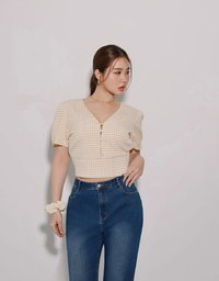 V Neck Gingham Crop Blouse with Puff Sleeves and Smocked Waistband