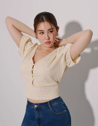 V Neck Gingham Crop Blouse with Puff Sleeves and Smocked Waistband
